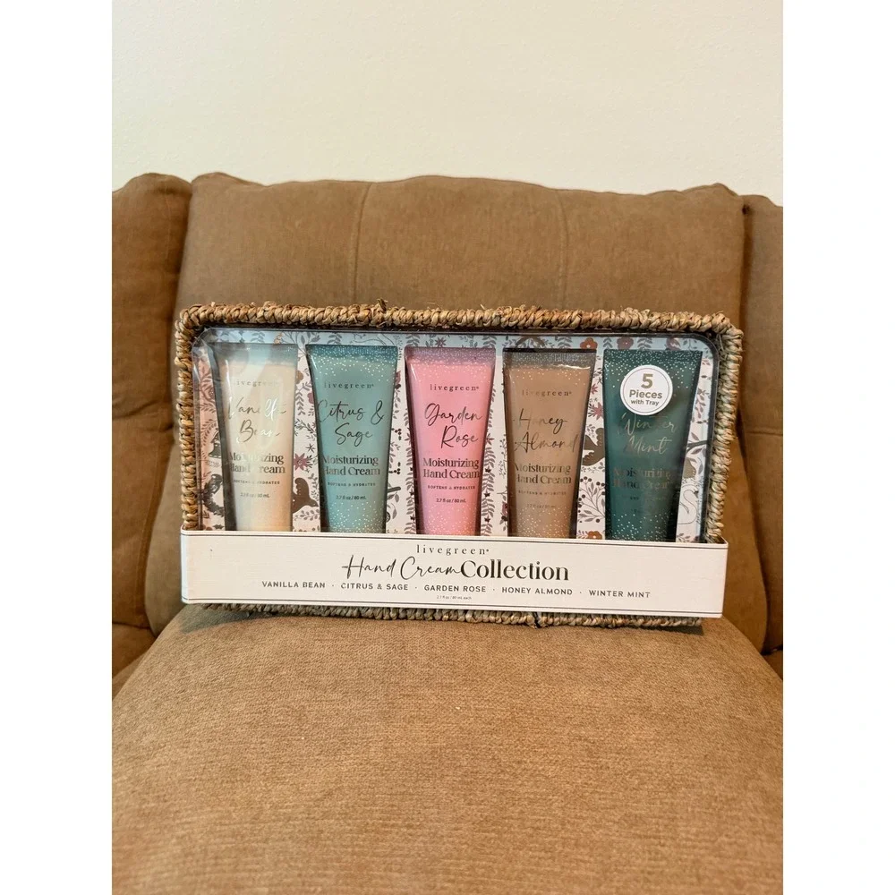 Livegreen Hand Cream Collection 5 Piece Gift Set with Woven Tray Vanilla Rose